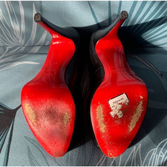 Christian Louboutin Black Leather Peep Toe 4.5” Heels Pumps Shoes sz 37 6.5 7 - Picture 8 of 13